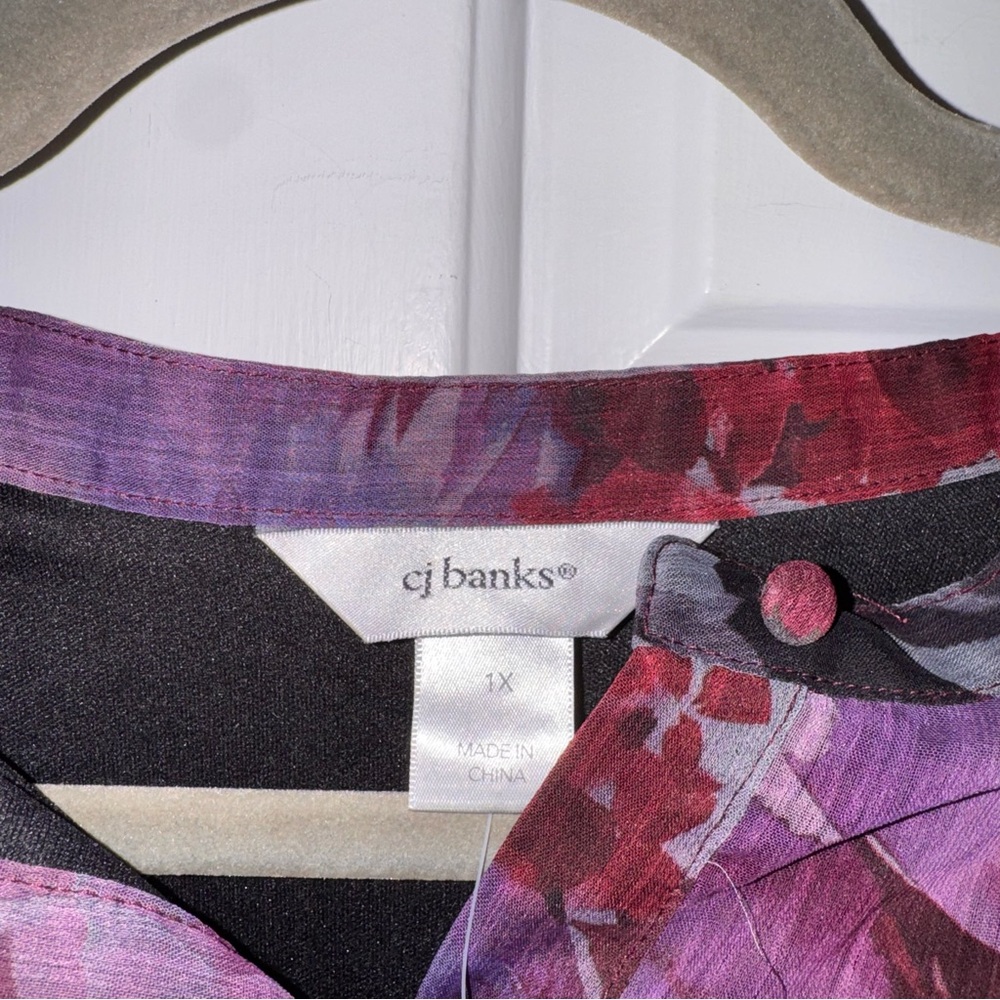 CJ Banks Purple Floral ruffle button down long sleeve Blouse top 1x NWT - Picture 2 of 16
